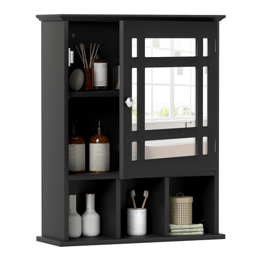 Casart Wall-mounted Bathroom Cabinet Storage Organizer w/Mirror Doors-Black
