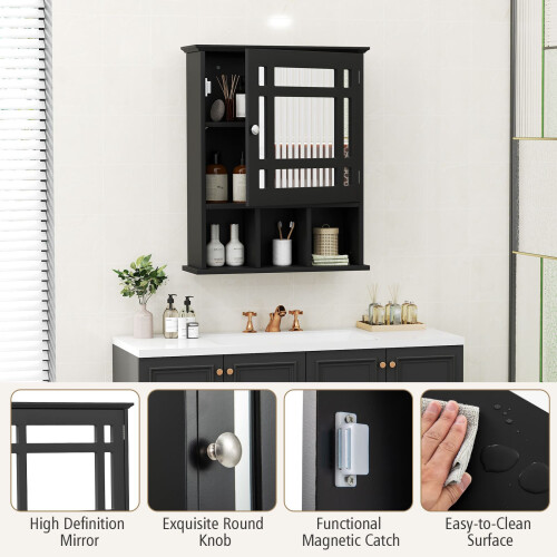 Casart Wall-mounted Bathroom Cabinet Storage Organizer w/Mirror Doors-Black 2