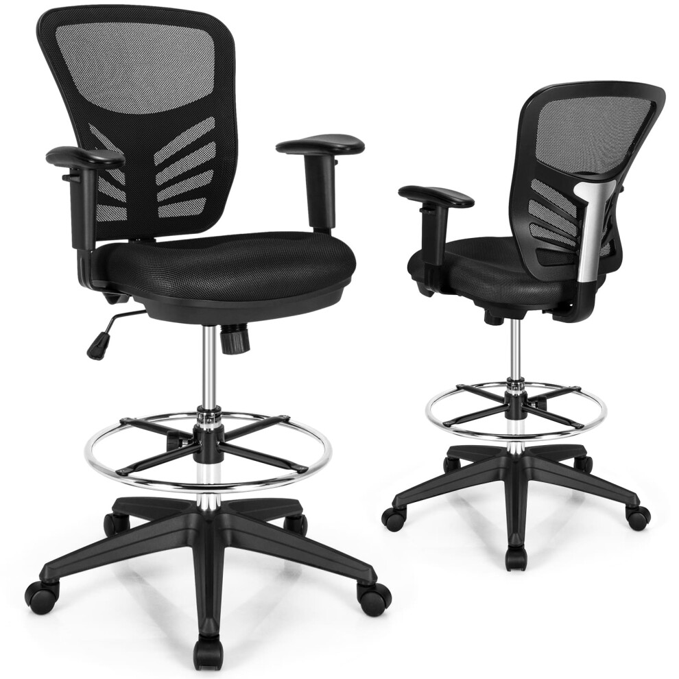 Mid-Back Tall Drafting Chair Mesh Back Clerk Stool with Armrests-Black