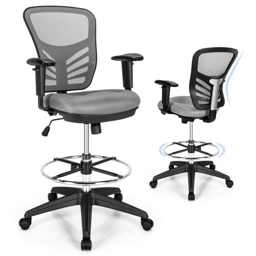 Casart Mid-Back Tall Drafting Chair Mesh Back Clerk Stool with Armrests-Grey