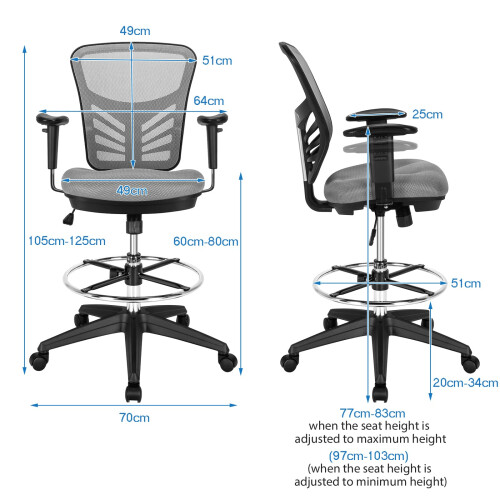 Casart Mid-Back Tall Drafting Chair Mesh Back Clerk Stool with Armrests-Grey 1