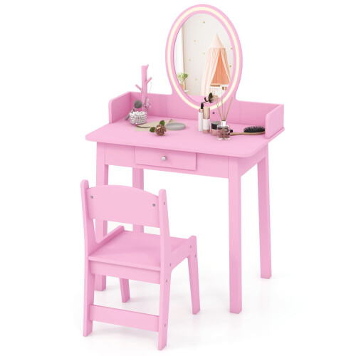 Casart Kids Vanity Set w/ Lighted Mirror Makeup Dressing Table w/ Chair
