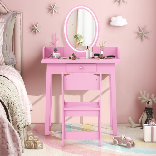 Casart Kids Vanity Set w/ Lighted Mirror Makeup Dressing Table w/ Chair 2