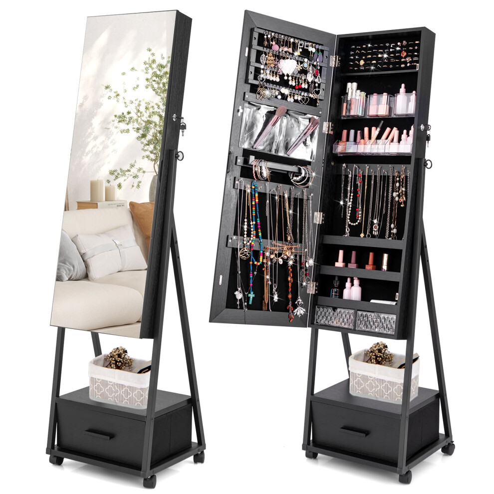 Mobile Mirror Jewelry Cabinet Standing Makeup Jewelry Armoire-Black