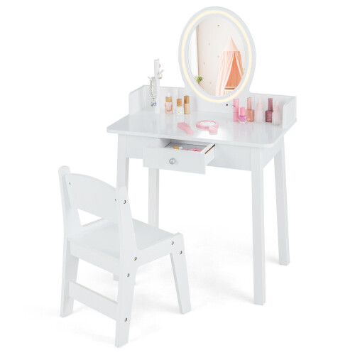Casart Kids Vanity Set w/ Lighted Mirror Makeup Dressing Table w/ Chair