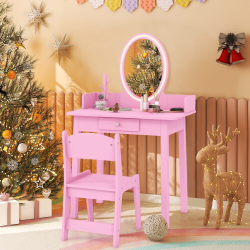 Casart Kids Vanity Set w/ Lighted Mirror Makeup Dressing Table w/ Chair 1