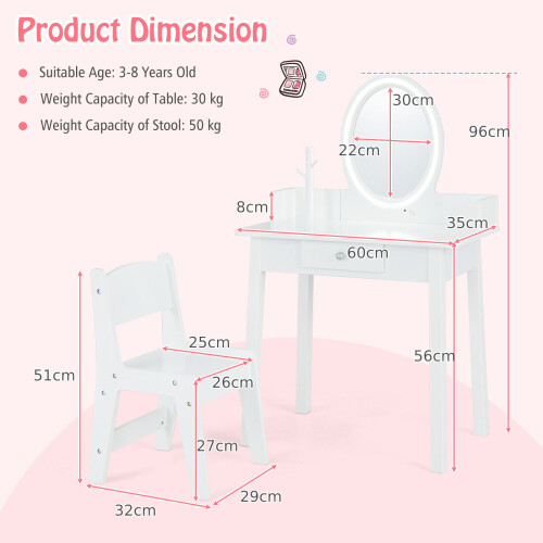Casart Kids Vanity Set w/ Lighted Mirror Makeup Dressing Table w/ Chair 1