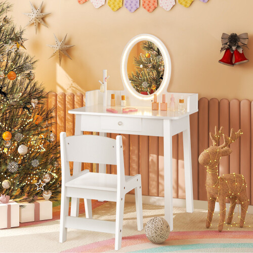 Casart Kids Vanity Set w/ Lighted Mirror Makeup Dressing Table w/ Chair 2