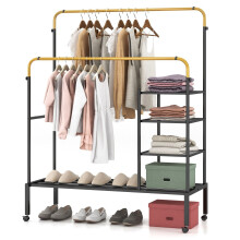 Rolling Clothes Drying Rack Adjustable Double Rods Garment Rack