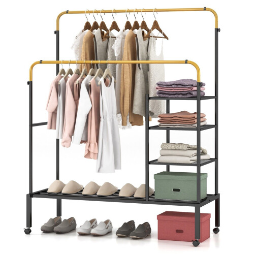 Casart Rolling Clothes Drying Rack Adjustable Double Rods Garment Rack
