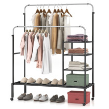 Rolling Clothes Drying Rack Adjustable Double Rods Garment Rack