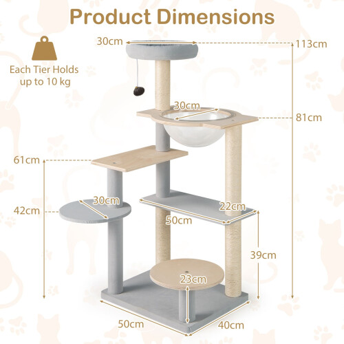Casart Modern Cat Tree 113cm Multi-level Cat Tower w/Jumping Platforms-Natural 1