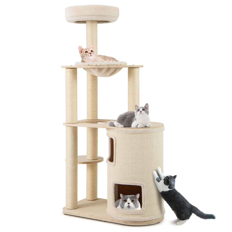 Tall Cat Tree for Indoor Cats Modern Wood Cat Tower-Natural