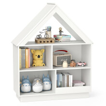 Wooden Kids Bookshelf House-shaped 5 Cubby Toy Storage Organizer