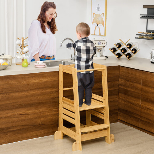 Casart Kitchen Step Stool for Toddlers Bamboo Kids Standing Tower with Safety Rail 1