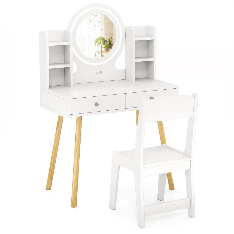 Casart Kids Vanity Set Princess Vanity Desk Set W/ Led Lighted Mirror-White