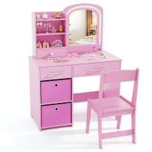 Kids Vanity Set Princess Makeup Desk and Chair w/ Lighted Mirror-Pink