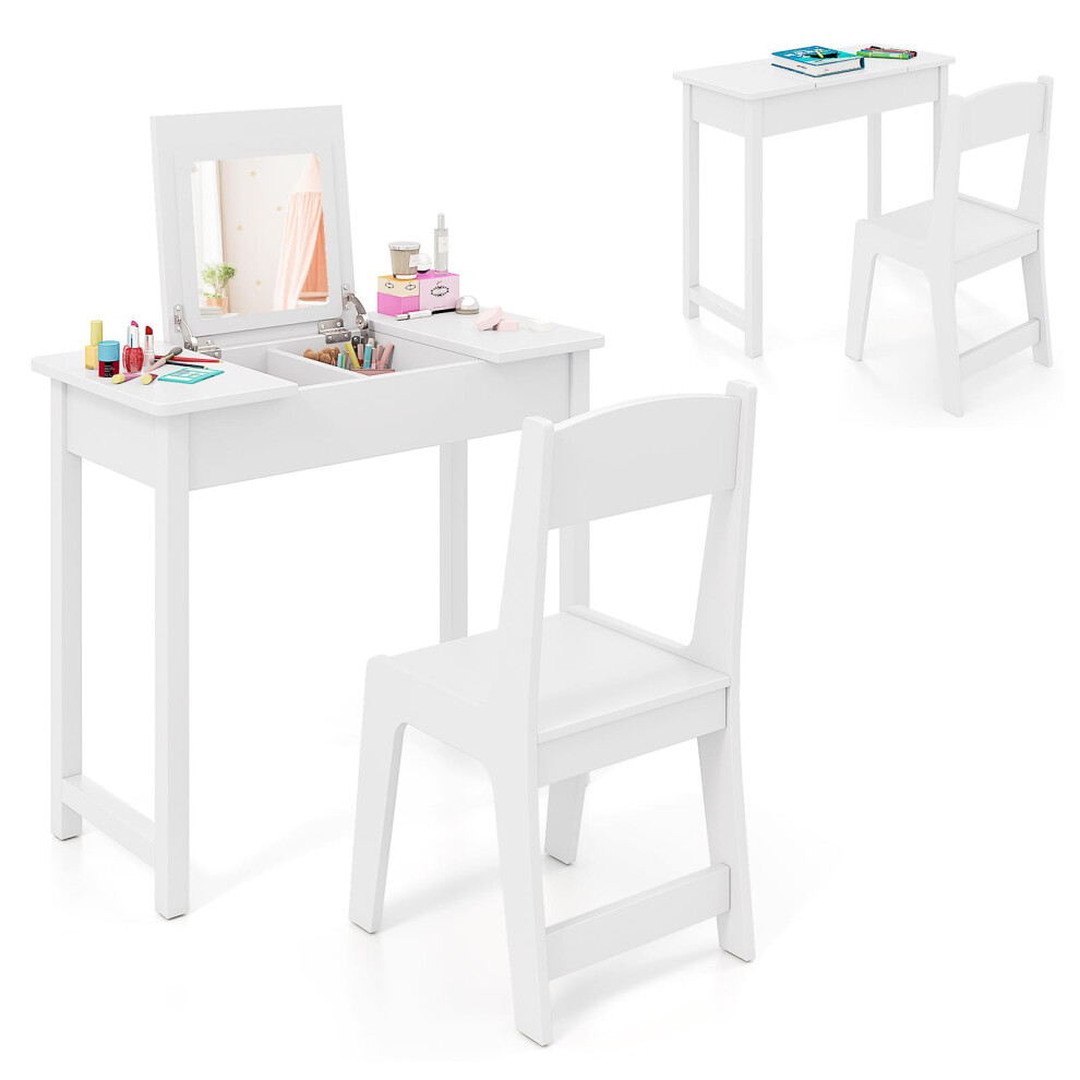 Kids Vanity Set 2 in 1 Vanity Table & Chair Set w/ Flip Top Mirror-White