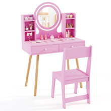 Kids Vanity Set Princess Vanity Desk Set w/ LED Lighted Mirror-Pink