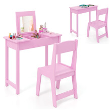 Kids Vanity Set 2 in 1 Vanity Table & Chair Set w/ Flip Top Mirror-Pink
