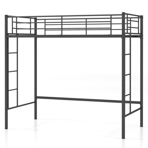 Casart Single Loft Bed Metal Bed Frame w/ Guardrail & 2 Ladders-Black