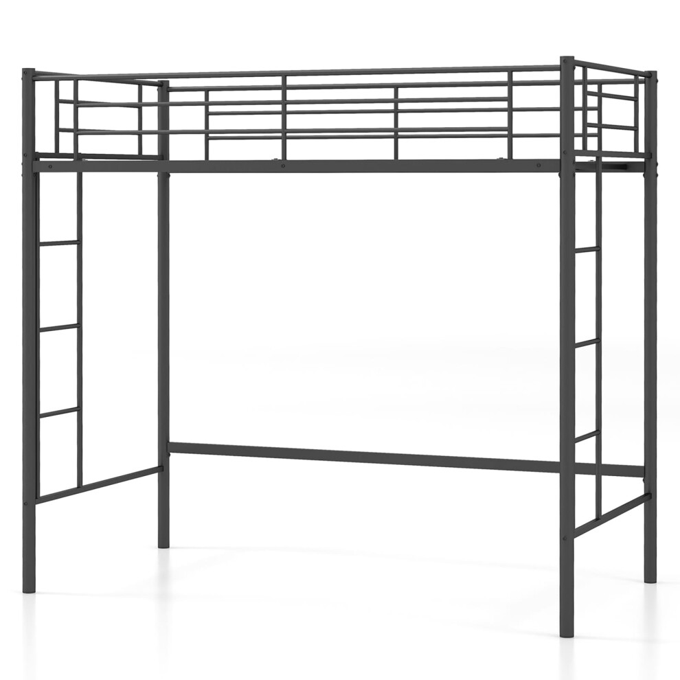 Single Loft Bed Metal Bed Frame w/ Guardrail & 2 Ladders-Black