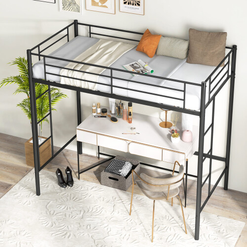 Casart Single Loft Bed Metal Bed Frame w/ Guardrail & 2 Ladders-Black 2