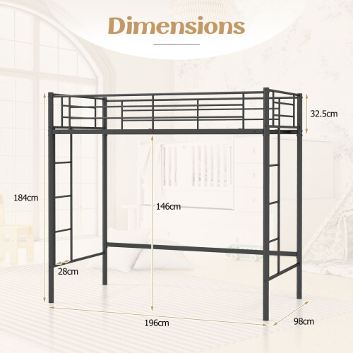 Casart Single Loft Bed Metal Bed Frame w/ Guardrail & 2 Ladders-Black 1