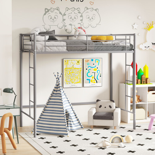 Casart Single Loft Bed Metal Bed Frame w/ Guardrail & 2 Ladders-Silver 2