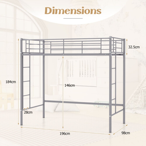 Casart Single Loft Bed Metal Bed Frame w/ Guardrail & 2 Ladders-Silver 1