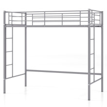 Single Loft Bed Metal Bed Frame w/ Guardrail & 2 Ladders-Silver