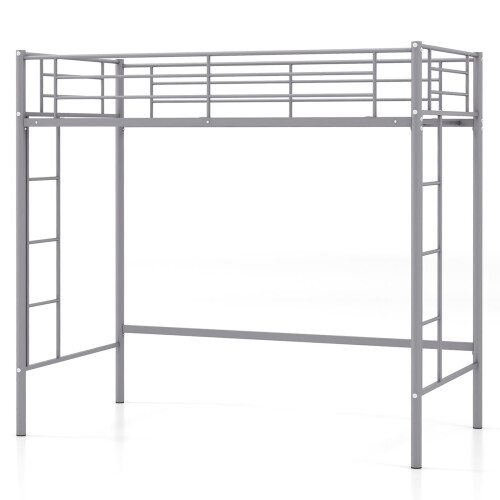 Casart Single Loft Bed Metal Bed Frame w/ Guardrail & 2 Ladders-Silver