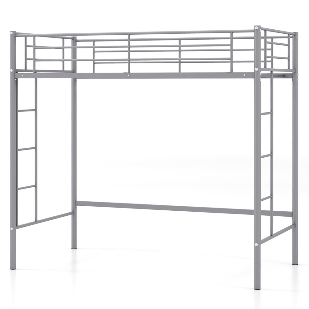 Single Loft Bed Metal Bed Frame w/ Guardrail & 2 Ladders-Silver