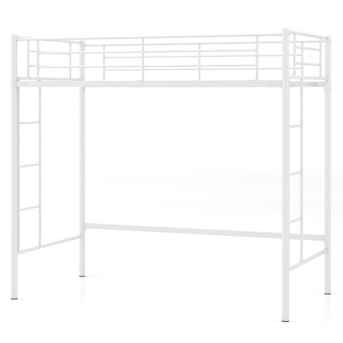 Casart Single Loft Bed Metal Bed Frame w/ Guardrail & 2 Ladders-White
