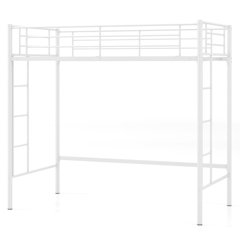 Single Loft Bed Metal Bed Frame w/ Guardrail & 2 Ladders-White