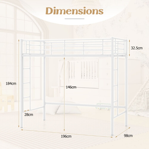 Casart Single Loft Bed Metal Bed Frame w/ Guardrail & 2 Ladders-White 1