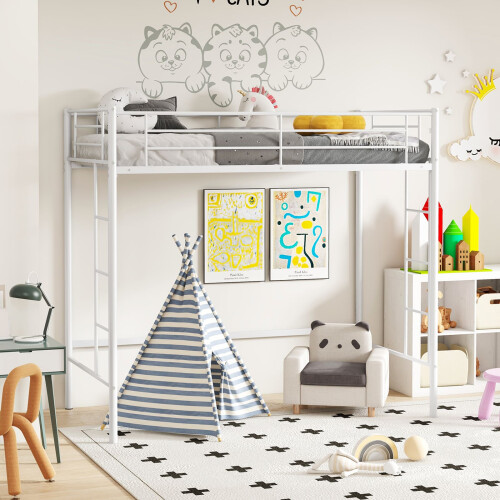Casart Single Loft Bed Metal Bed Frame w/ Guardrail & 2 Ladders-White 2
