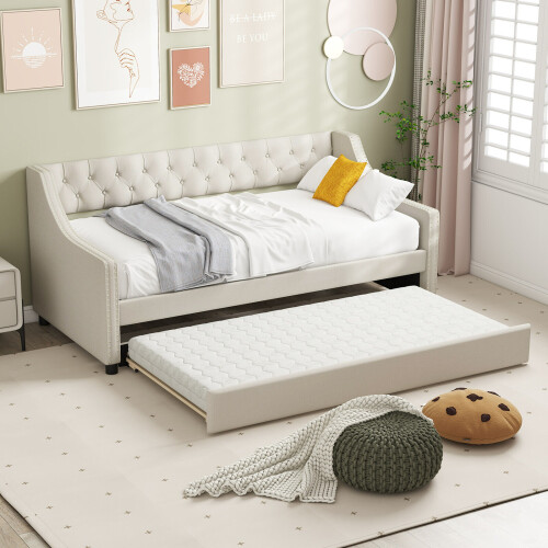 Casart Single Size Trundle Bed Linen Upholstered Daybed w/ Trundle Sofa Bed Frame 2