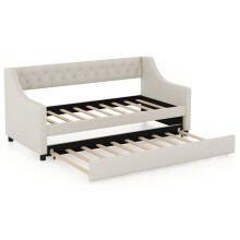 Single Size Trundle Bed Linen Upholstered Daybed w/ Trundle Sofa Bed Frame