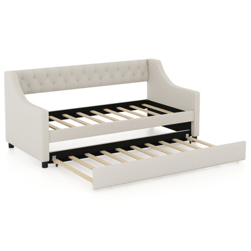 Casart Single Size Trundle Bed Linen Upholstered Daybed w/ Trundle Sofa Bed Frame