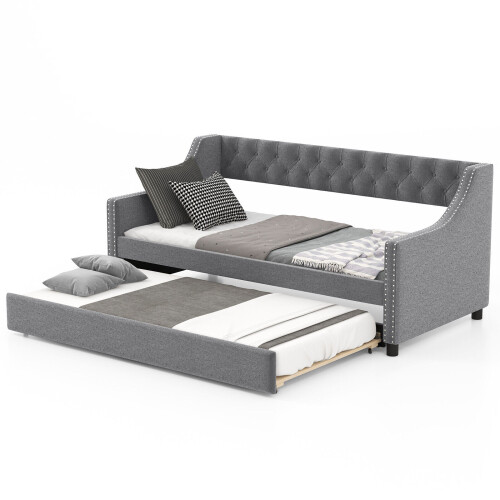 Casart Single Size Trundle Bed Linen Upholstered Daybed w/ Trundle Sofa Bed Frame
