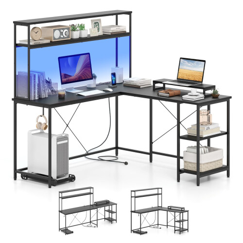 Casart L-Shaped Gaming Desk Reversible Corner Computer Desk w/LED Strip-Black