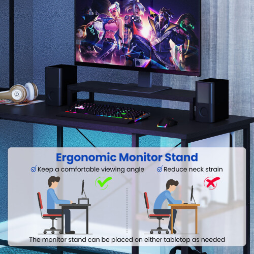 Casart L-Shaped Gaming Desk Reversible Corner Computer Desk w/LED Strip-Black 2
