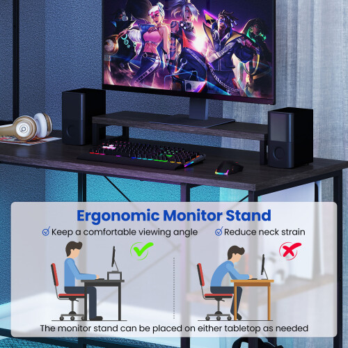 Casart L-Shaped Gaming Desk Reversible Corner Computer Desk w/ LED Strip-Grey 2