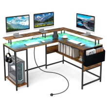 L-Shaped Gaming Desk Computer Desk w/ LED Lights & Power Outlets-Brown