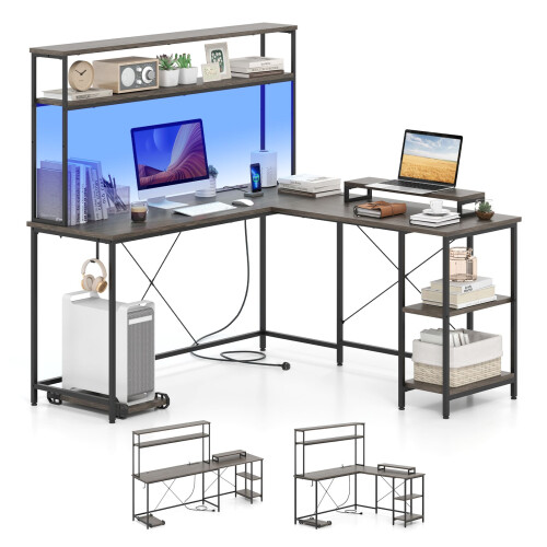 Casart L-Shaped Gaming Desk Reversible Corner Computer Desk w/ LED Strip-Grey