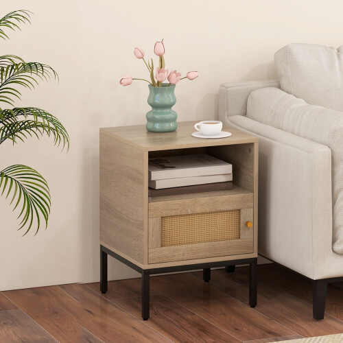 Casart Rattan Door Bedside Table Compact Nightstand Boho Style End Side Table 2
