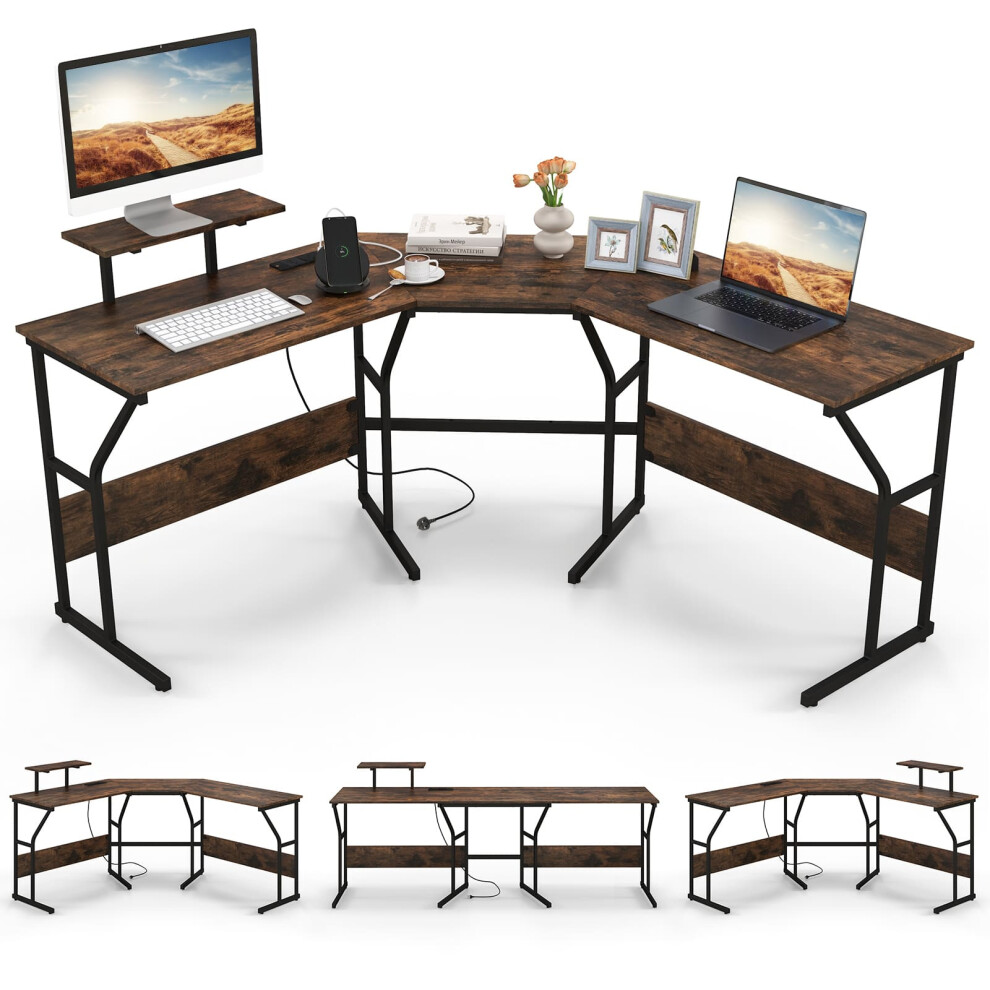 L-shaped Desk Long 2-Person Corner Computer Desk w/ Monitor Stand