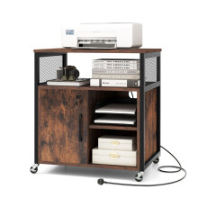 Lateral Filing Cabinet on Wheels Mobile Printer Stand w/ Charging Station