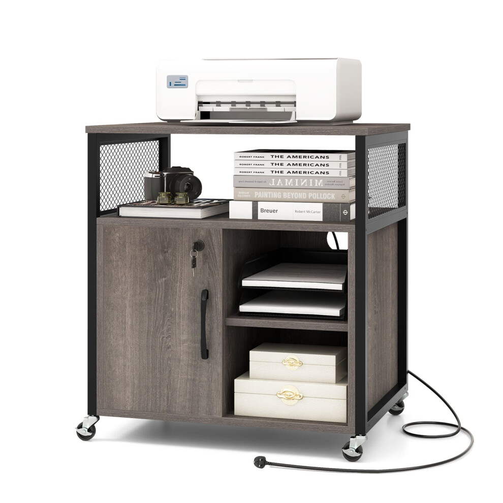 Lateral Filing Cabinet on Wheels Mobile Printer Stand w/ Charging Station
